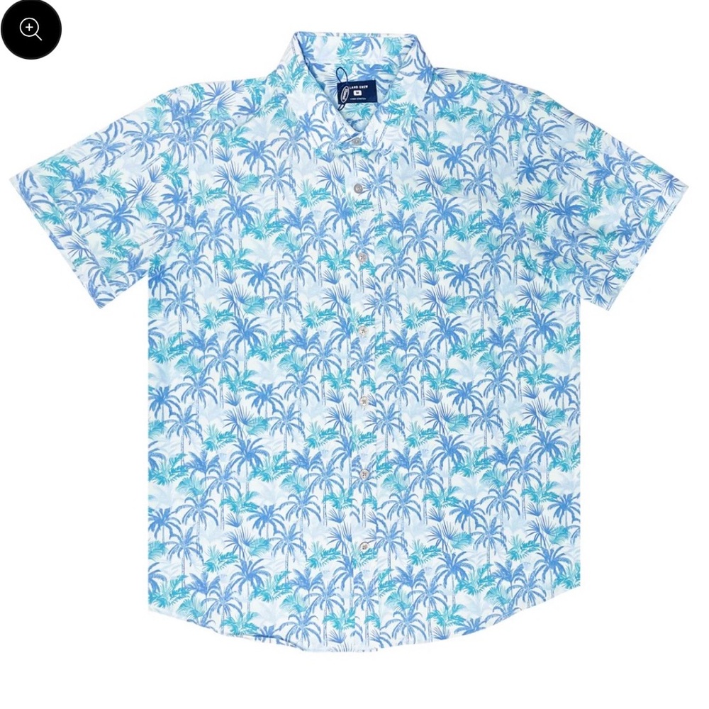 Island Crew Men's Stretch Short Sleeve Aloha Shirt: Palm Plantation, Light Blue